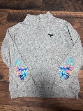 Heather Gray Quarter-Zip Pullover with Floral Sleeve Embroidery
